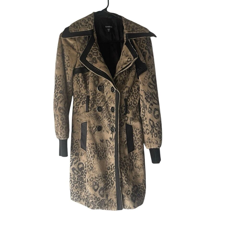 Bebe Y2k Leopard Print Faux Fur Double Breasted Trench Coat Faux Leather Trim XS